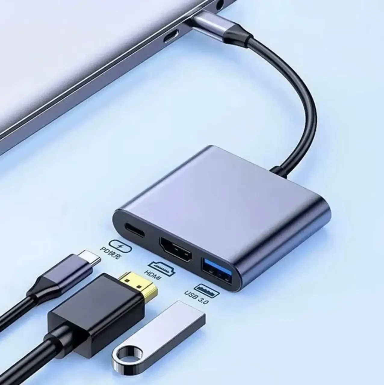 USB-C хаб 3-в-1 з HDMI 4K, USB 3.0 та USB-C PD для ноутбуків, MacBook, планшетів і смартфонів