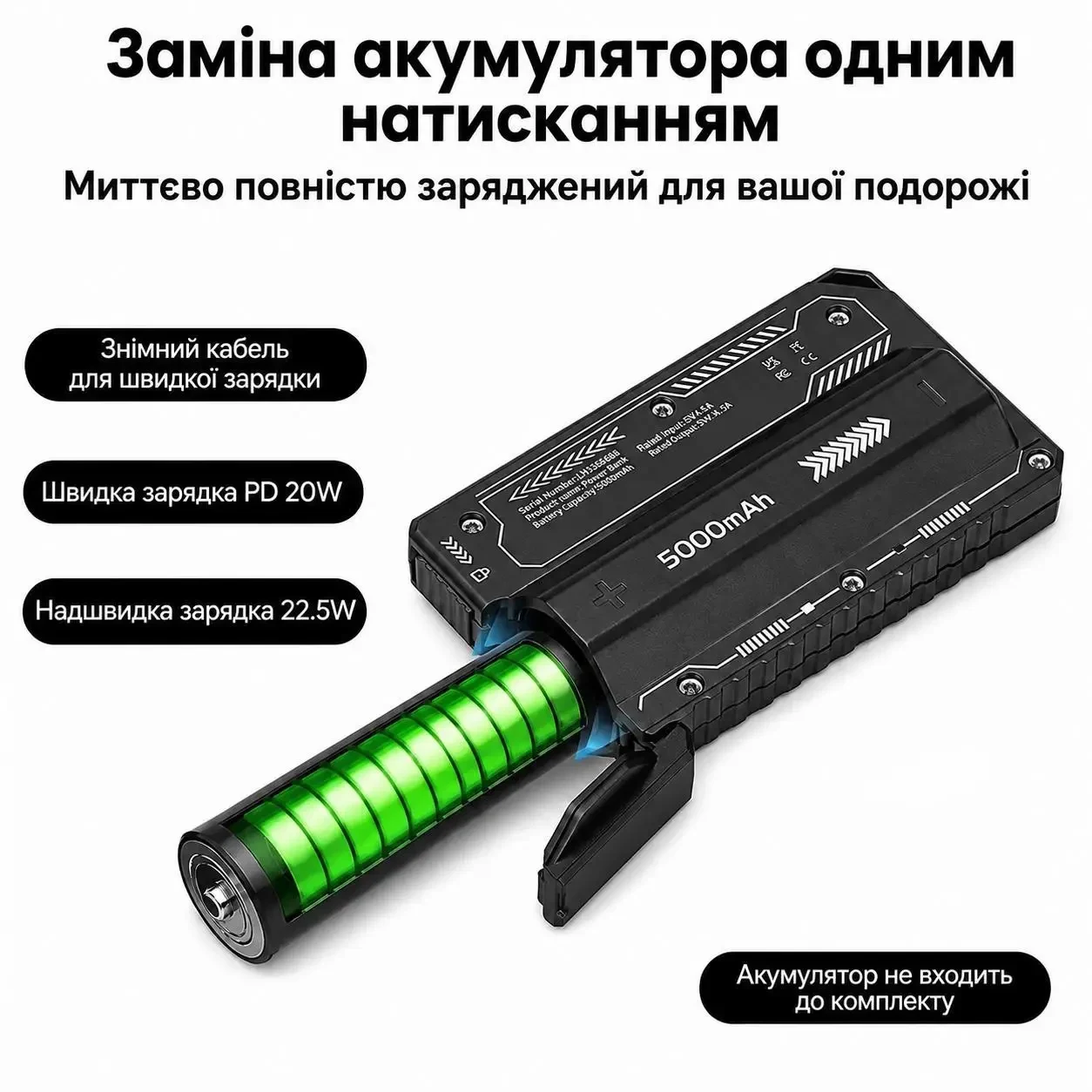 Корпус для павербанка 21700 5000mAh, PD 20W, 22.5W, USB + Type-C, швидка зарядка, без пайки, знімний акумулятор, Чорний
