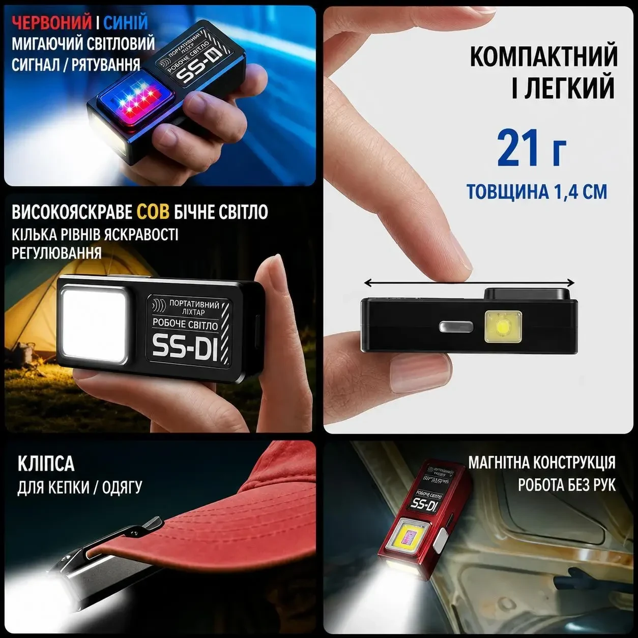 Міні LED COB ліхтарик акумуляторний USB Type-C з магнітом та кліпсою, кишеньковий EDC ліхтар 4 режими, Червоний