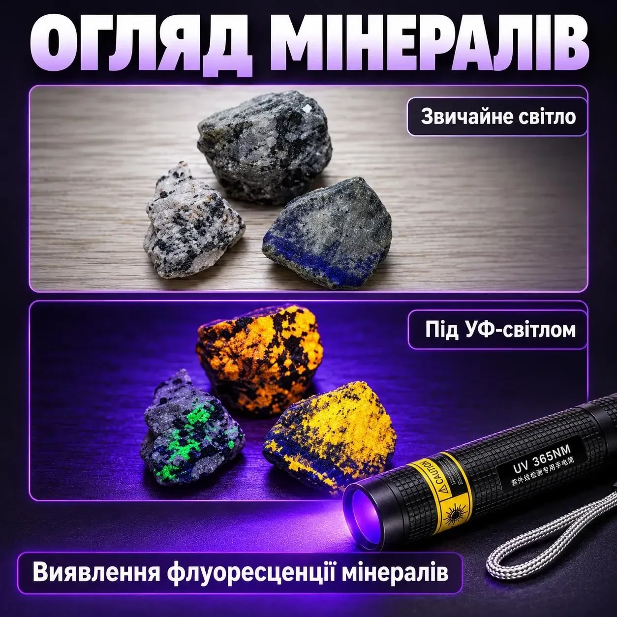 Ультрафіолетовий LED-ліхтарик 365 нм, 3 Вт, акумуляторний із USB Type - C заряджанням, чорний