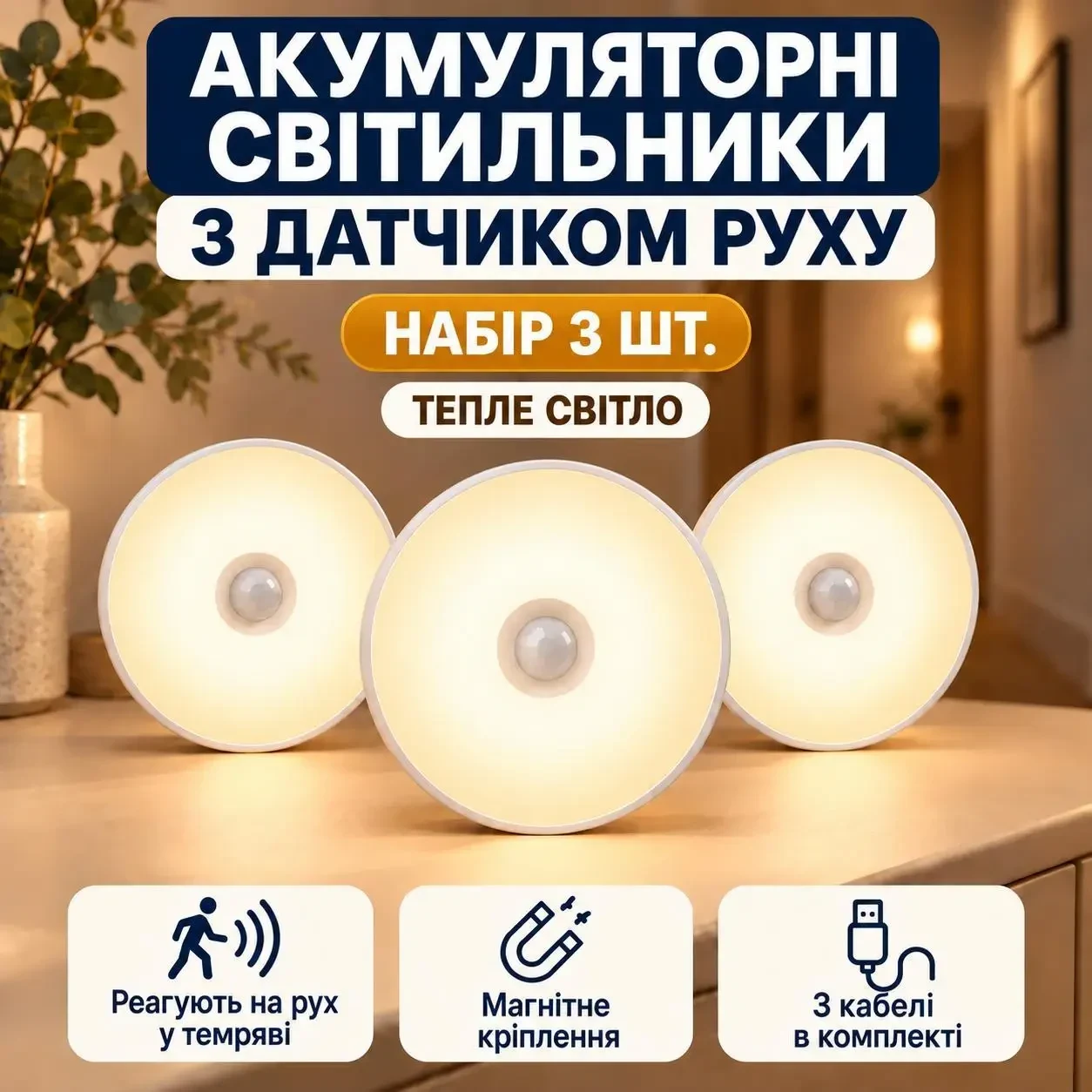 Набір акумуляторних LED-світильників із датчиком руху та магнітним кріпленням, 3 шт., тепле світло, Micro-USB