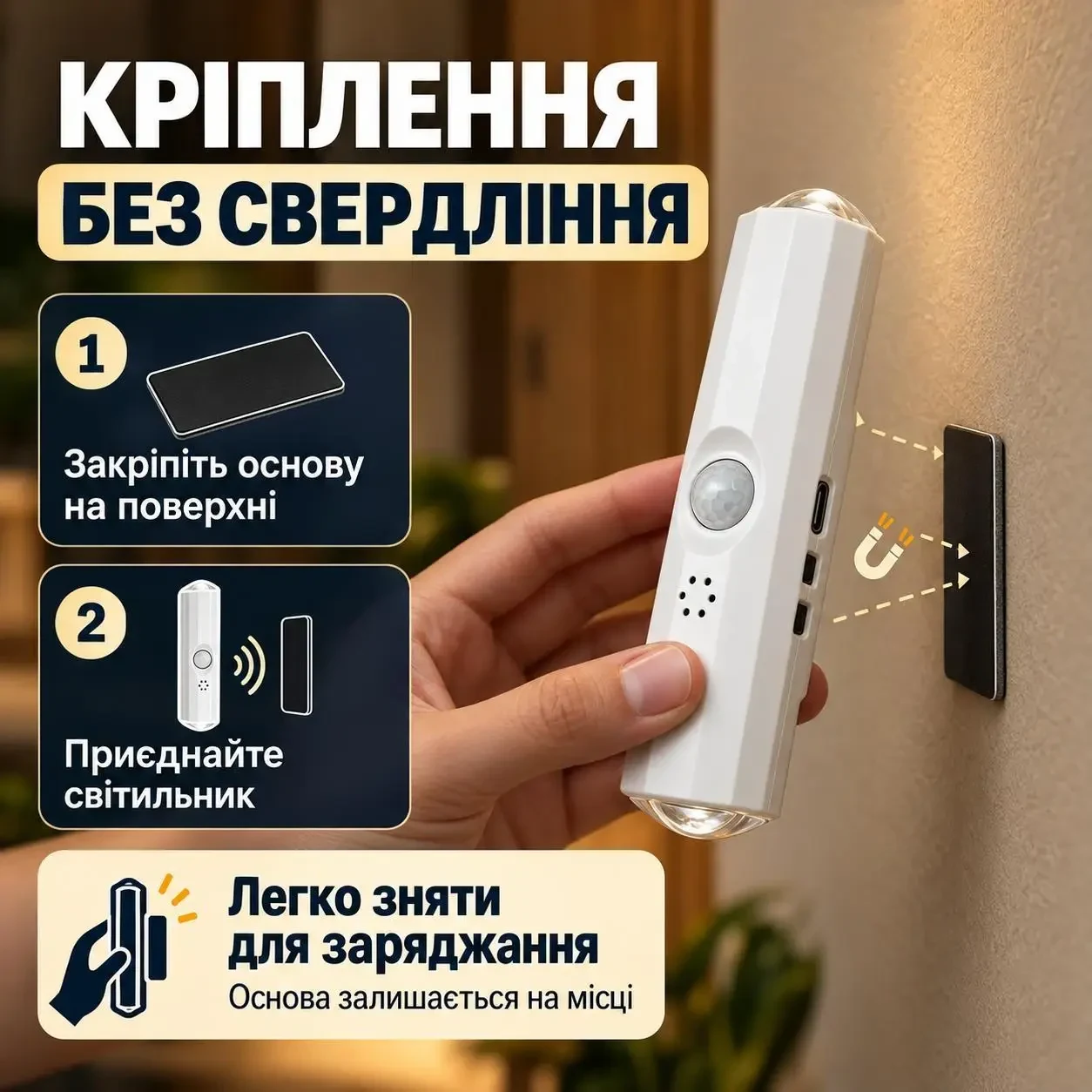 Акумуляторний LED-світильник із датчиком руху, 3 відтінки білого світла, магнітне кріплення, USB-C, білий