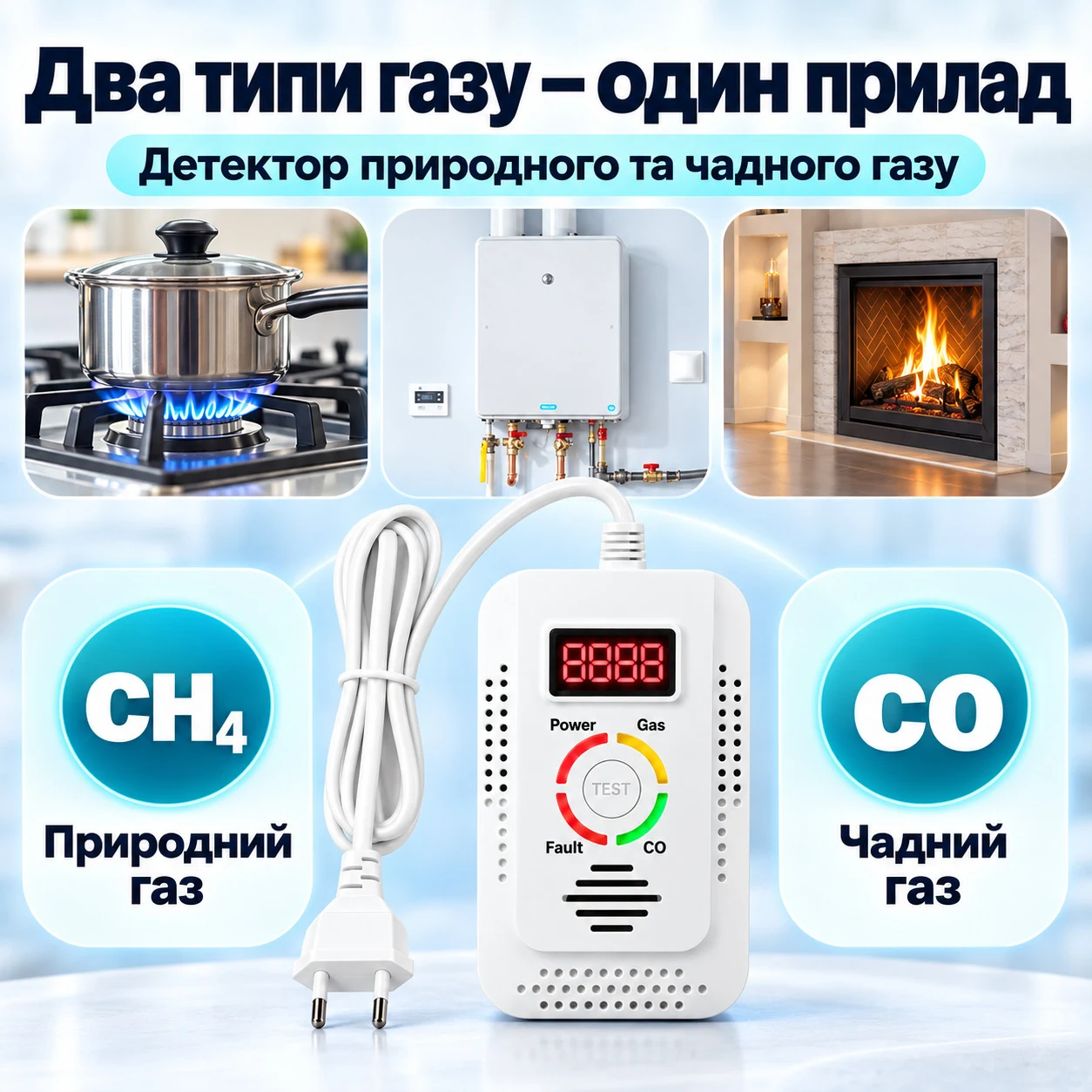 Детектор витоку газу та чадного газу 2 в 1 | Газовий та CO сигналізатор з LED-дисплеєм | Виявляє метан (CH₄), CO та інші горючі