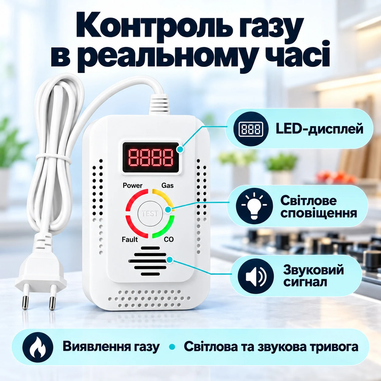 Детектор витоку газу та чадного газу 2 в 1 | Газовий та CO сигналізатор з LED-дисплеєм | Виявляє метан (CH₄), CO та інші горючі