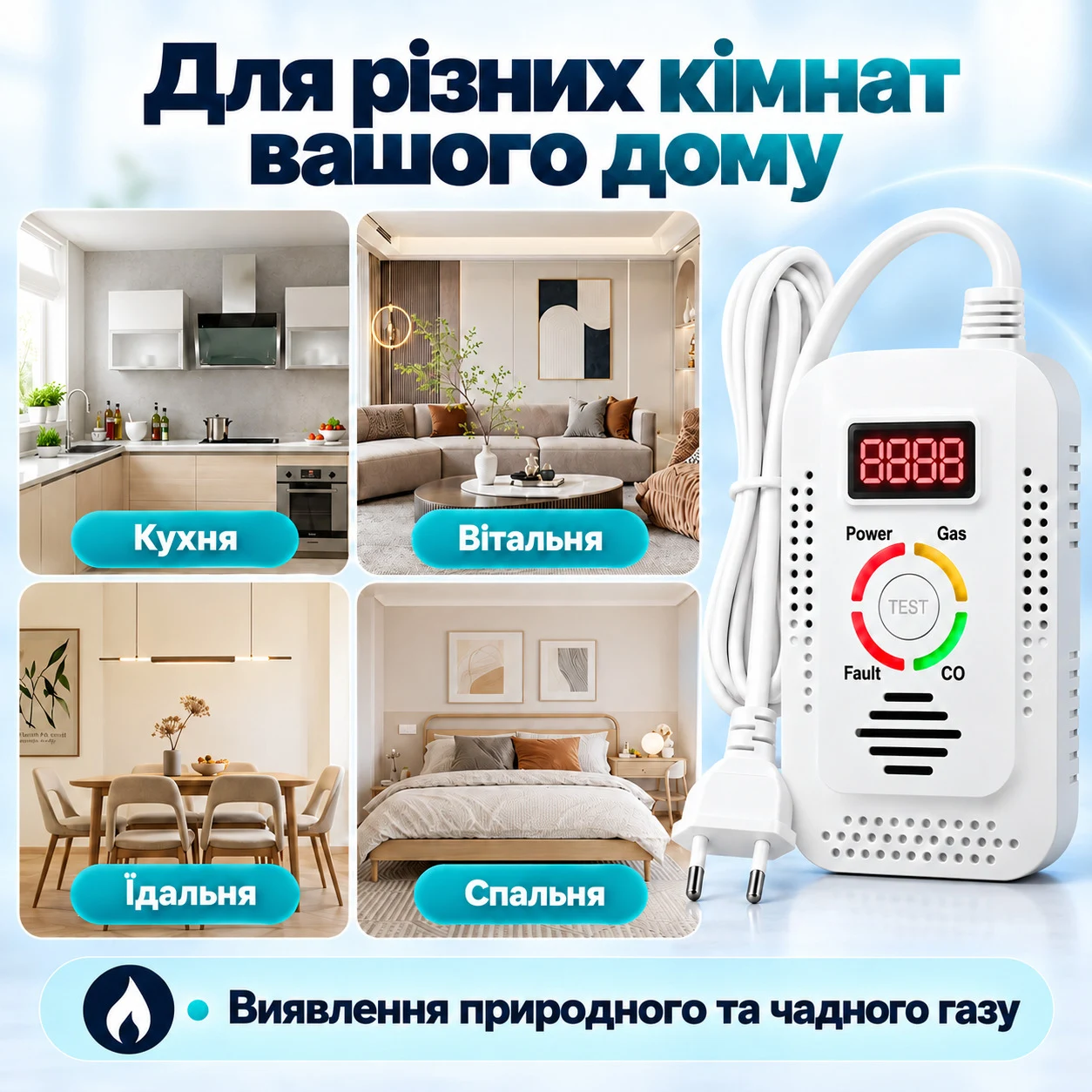 Детектор витоку газу та чадного газу 2 в 1 | Газовий та CO сигналізатор з LED-дисплеєм | Виявляє метан (CH₄), CO та інші горючі