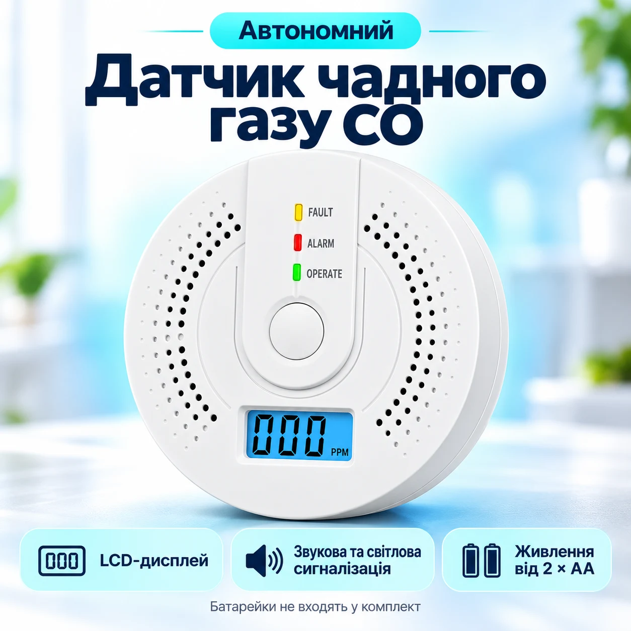 Автономний датчик детектор чадного газу CO з LCD дисплеєм | Висока чутливість | Звукова та світлова сигналізація | UL2034