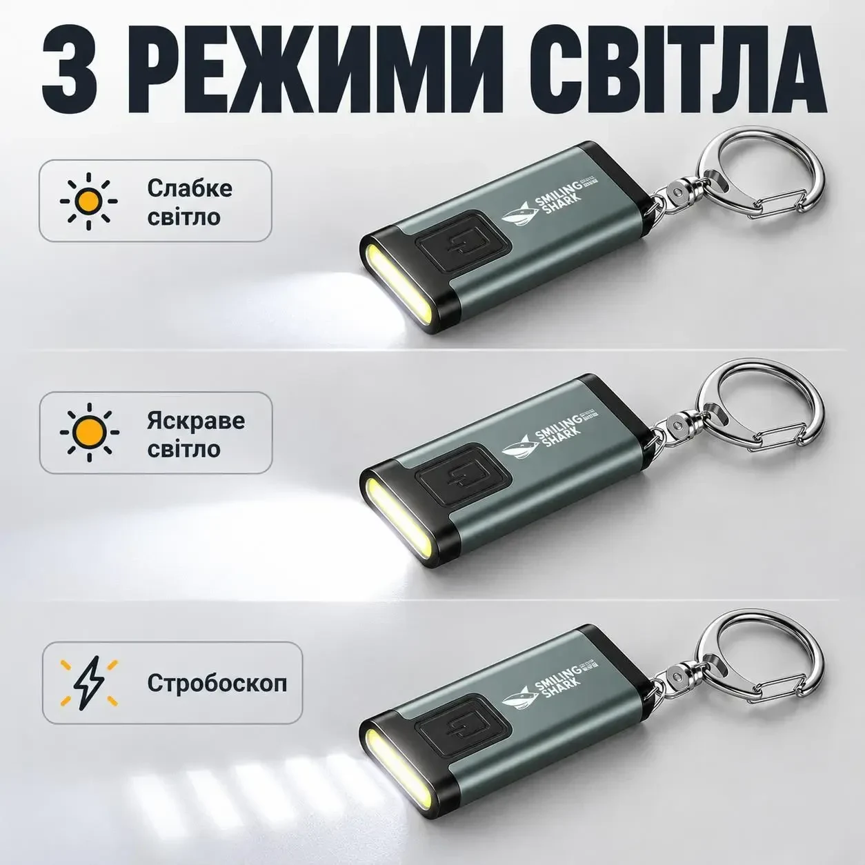 Ліхтарик-брелок акумуляторний SMILING SHARK TIP-187A з COB-світлом, USB-C, кліпсою та звуковим сигналом, Сірий